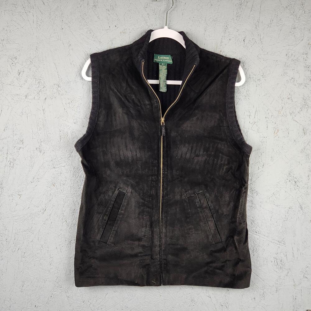 Lauren Ralph Lauren Vest Womens Large Black Leather Cashmere Wool Pockets Angora